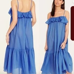J.CREW Spaghetti Strap Ruffle Beach Dress Retro Blue Size S Nwot
